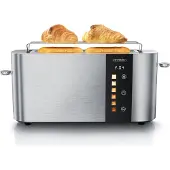 Arendo Toaster 2 Scheiben, Langschlitztoaster, Langschlitz, Edelstahl, 1000W, Display mit Restzeitanzeige, Brötchenaufsatz, Defrost Funktion, Wärmeisolierendes Gehäuse, Touch Display, silber