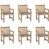 vidaXL Möbel Gartenstühle 6 Stk. Graue Karomuster-Kissen Massivholz Teak - Gartenstühle 3073045