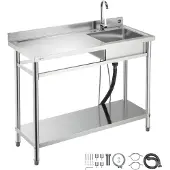 Vevor Spültisch Spülbecken Edelstahl (120 x 50 x 94 cm), Einzelbecken mit Wasserhahn & Ablage, Küchenspüle für Garage Restaurant Wäscherei, Waschtisch Außenspüle mit Arbeitsplatte (links)