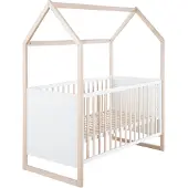 Roba Hausbett 70x 140 cm - Babybett umbaubar zum Kinder / Juniorbett - Höhenverstellbar - 3 Schlupfstäbe - Gitterbett in Rahmenoptik aus Buche natur - Holz weiß