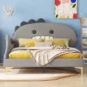 Ulife Kinderbett in Cartoon-Dinosaurierform, 140×200cm, PU, Grau