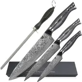 WOLFCUT - Damaskus Messer-Set 3-tlg. 67-lagiger Damaszenerstahl - Chefmesser, Kochmesser, Allzweckmesser + Wetzstahl