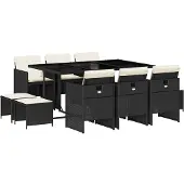 vidaXL 11-tlg. Garten-Essgruppe mit Kissen Schwarz Poly Rattan