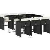 vidaXL 7-tlg. Garten-Essgruppe mit Kissen Schwarz Poly Rattan