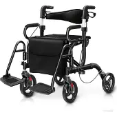 Costway 2 in 1 Rollstuhl & Rollator klappbar & leicht, Gehhilfe 6-fach höhenverstellbar, Gehwagen mit Sitz, Tasche, Bremse & Stockhalter Schwarz