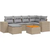 vidaXL 7-tlg. Garten-Sofagarnitur mit Kissen Beige Poly Rattan