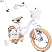 Sun baby Flower Bike Kinderfahrrad für Mädchen 14 Zoll, ab 3 Jahre, mit Stützrädern, abnehmbarer Schubstange, Korb, Klingel, Rücktrittbremse & V-Brake