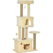 PawHut Großer Kratzbaum für Katzen, 60 x 34 x 136 cm, Kratzbaum mit abnehmbaren Plüsch-Höhlenplattformen, Jutestangen und hängendem Ball, Beige