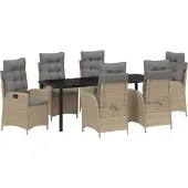 vidaXL 7-teiliges Garten-Esszimmer-Set mit Kissen - Beige - Poly-Rattan, Gartenstühle DesignMöbel Neu