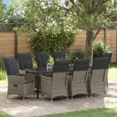 vidaXL 9-teiliges Garten-Diningset mit Kissen Grau Poly Rattan, Gartenstühle DesignMöbel Neu