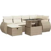 vidaXL 7-tlg. Garten-Sofagarnitur mit Kissen Beige Poly Rattan