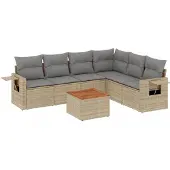 vidaXL 7-tlg. Garten-Sofagarnitur mit Kissen Beige Poly Rattan