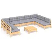 vidaXL 10-tlg. Garten-Lounge-Set mit Grauen Kissen Kiefer Massivholz