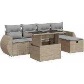 vidaXL 6-tlg. Garten-Sofagarnitur mit Kissen Beige Poly Rattan
