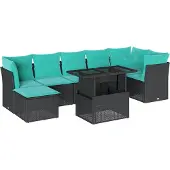vidaXL 8-teiliges Gartensofa-Set mit Kissen, schwarzes Polyrattan