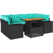 vidaXL 7-tlg. Garten-Sofagarnitur mit Kissen Schwarz Poly Rattan