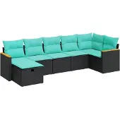 vidaXL 7-tlg. Garten-Sofagarnitur mit Kissen Schwarz Poly Rattan