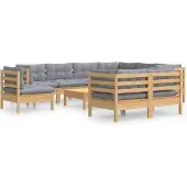vidaXL 10-tlg. Garten-Lounge-Set mit Grauen Kissen Kiefer Massivholz