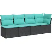 vidaXL Gartensofa mit Kissen 4-Sitzer Schwarz Poly Rattan