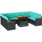 vidaXL 10-tlg. Garten-Sofagarnitur mit Kissen Schwarz Poly Rattan