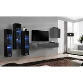AEA Designer Grau Wohnwand TV Ständer Komplett Hochglanz Sideboard Wand Schrank