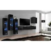 AEA Schwarz Wohnwand Wohnzimmer Set Vitrine Schrank Wandregal 5tlg. Einrichtung