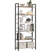 Vasagle Bücherregal mit 6 Etagen, Stahlrahmen, freistehendes Regal, Wohnzimmer, Schlafzimmer, Arbeitszimmer, 30 x 80 x 186 cm, Industriedesign, Kamelbraun, Tintenschwarz, LLS082B50