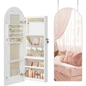 Songmics JJC020W01 Schmuckkasten Spiegelschrank Schmuck-Organizer mit LED-Beleuchtung, abschließbar, abgerundete Ecken, Innen-Spiegel, 10 x 42 x 108 cm, Wolkenweiß