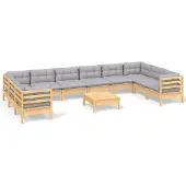 vidaXL 11-tlg. Garten-Lounge-Set mit Grauen Kissen Kiefernholz