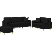 vidaXL 3-tlg. Sofagarnitur mit Kissen Schwarz Stoff