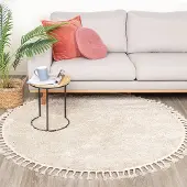 NATURL. Teppich Hochflor Rund - Lofty Fringe Creme Weiß Ø 100 cm