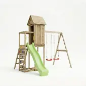 Fungoo MaxPlay, Holzklettergerüst mit Spielhaus, Doppelschaukel und Rutsche