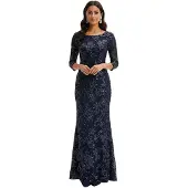 O46BPX (MB1) romantisches Damen Abend-Kleid Pailletten-Kleid mit Ornamenten 939101 Dunkelblau