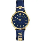 Versace SP VE8104522 V-Circle Lady gold blau Leder Armband Uhr Damen NEU
