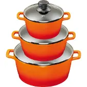 King 3/6tlg. Kochtopfset Aluguss Orange / Größen ca. Ø16, Ø20, Ø24cm / langlebige Keramikbeschichtung Innen: FUSION TI