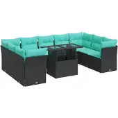 vidaXL 10-tlg. Garten-Sofagarnitur mit Kissen Schwarz Poly Rattan