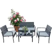 Relaxdays Gartenmöbel Set, 4-tlg. Rattan Sitzgruppe, 4 Personen, Bank, Stühle & Glastisch, Loungemöbel, outdoor, grau