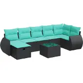 vidaXL 8-tlg. Garten-Sofagarnitur mit Kissen Schwarz Poly Rattan