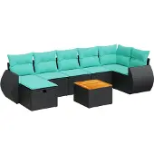 vidaXL 8-tlg. Garten-Sofagarnitur mit Kissen Schwarz Poly Rattan