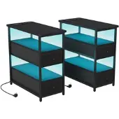 PXloue Beistelltisch Schwarz 58x28x60cm Nachtschrank mit Ladestation LED&Schubladen