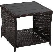 Relaxdays Balkontisch, HxBxT: 40 x 45 x 45 cm, wetterfest, Polyrattan, WPC, Stahl, eckiger Garten Beistelltisch, braun