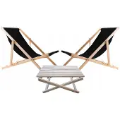 Woodok Set 2x Liegestühlen schwarz mit Couchtisch Tisch aus Holz