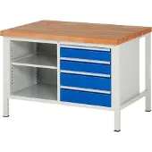 RAU Werkbank mit 2 Ablageböden - 4 Schubladen - Teilauszug - 120:2 / 150:2 - 840 x 1.250 x 900 mm (HxBxT) - Traglast 1.250 kg - Buche