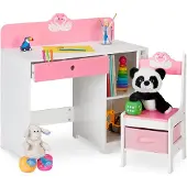 Relaxdays Schreibtisch und Stuhl für Kinder, Schublade & 2 offene Fächer, Schwan-Motiv, Kinderzimmermöbel, rosa/weiß