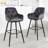 Riess Barhocker MILANO grau schwarz Samt Metall Barstuhl mit Lehne Chesterfield-Steppung