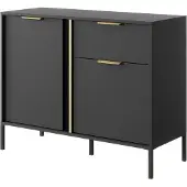 Bettso Klein Kommode Sideboard mit Goldene Griffe 2 Türen und Schubladen LARS 103 cm Schwarz Anthrazit