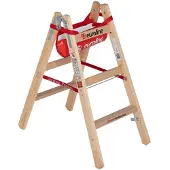 Euroline Holz Sprossenstehleiter mit Comfort-Breitsprossen, Eimerhaken und Werkzeugablagetasche 2x3 Sprossen