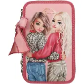 Depesche 13639 TOPModel Leoheart - Gefüllte 3-Fach Federtasche in Rosa und Rot, mit Model Motiv und Leo-Print, Federmappe mit Buntstiften, Schere, Lineal UVM.