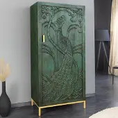 Riess Highboard PEACOCK 170cm grün massives Mangoholz 3D Schnitzerei Pfauenoptik antik