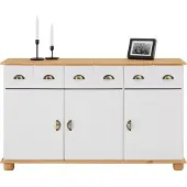 Idimex Apothekerkommode COLMAR, Weiß/Braun - Sideboard mit 3 Schubladen und 3 Türen, im Landhausstil, Kiefer Massivholz, Muschelgriffe aus Metall, ideal für Flur, Schlafzimmer oder Wohnzimmer